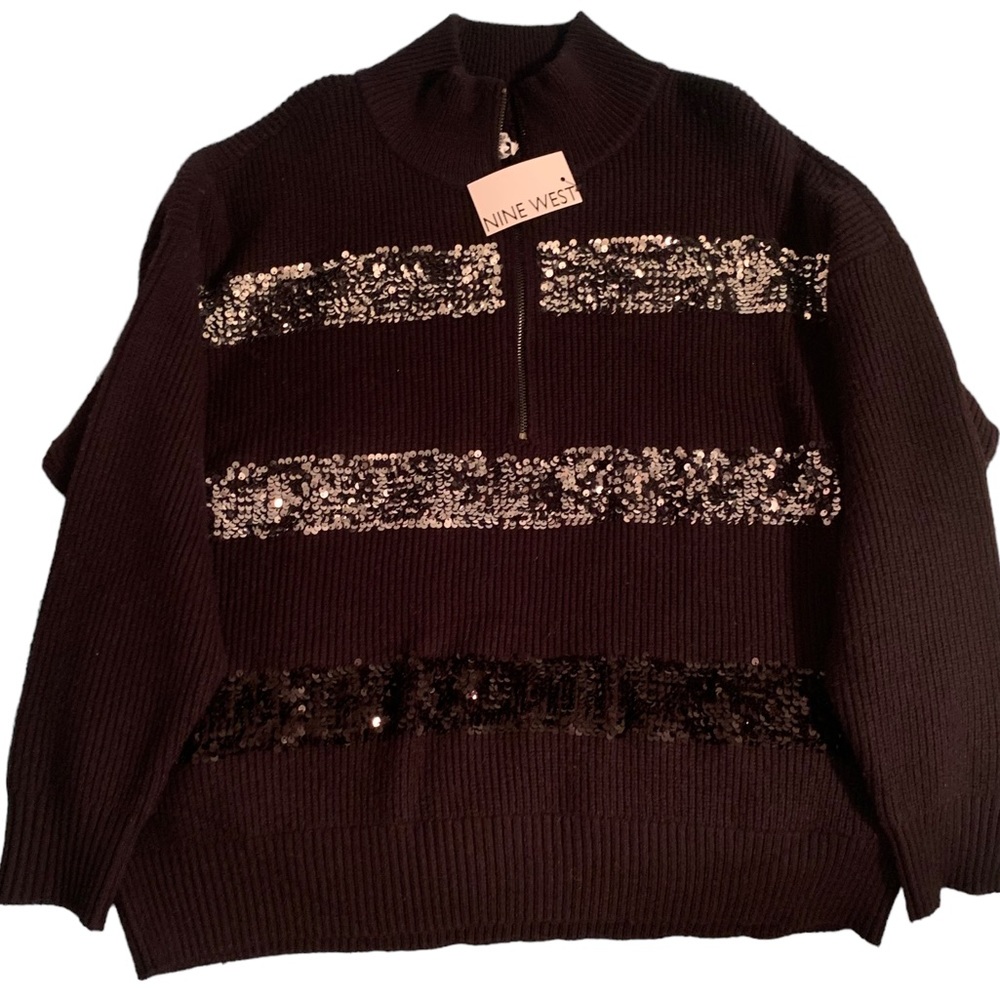 Nine West Holiday Sweater with Sequin Stripes Silver and Black Size XXL NWT